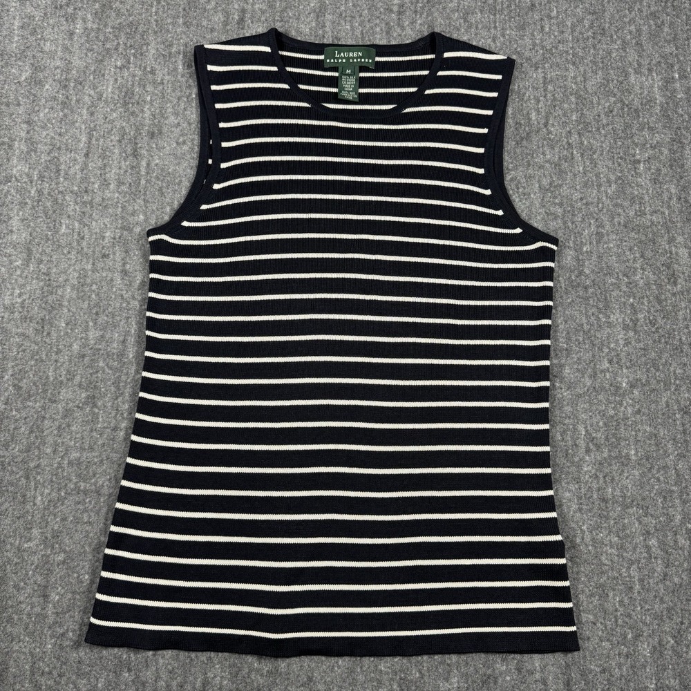 Lauren Ralph Lauren Women's M 100% Silk Striped Sleeveless Sweater Top Black